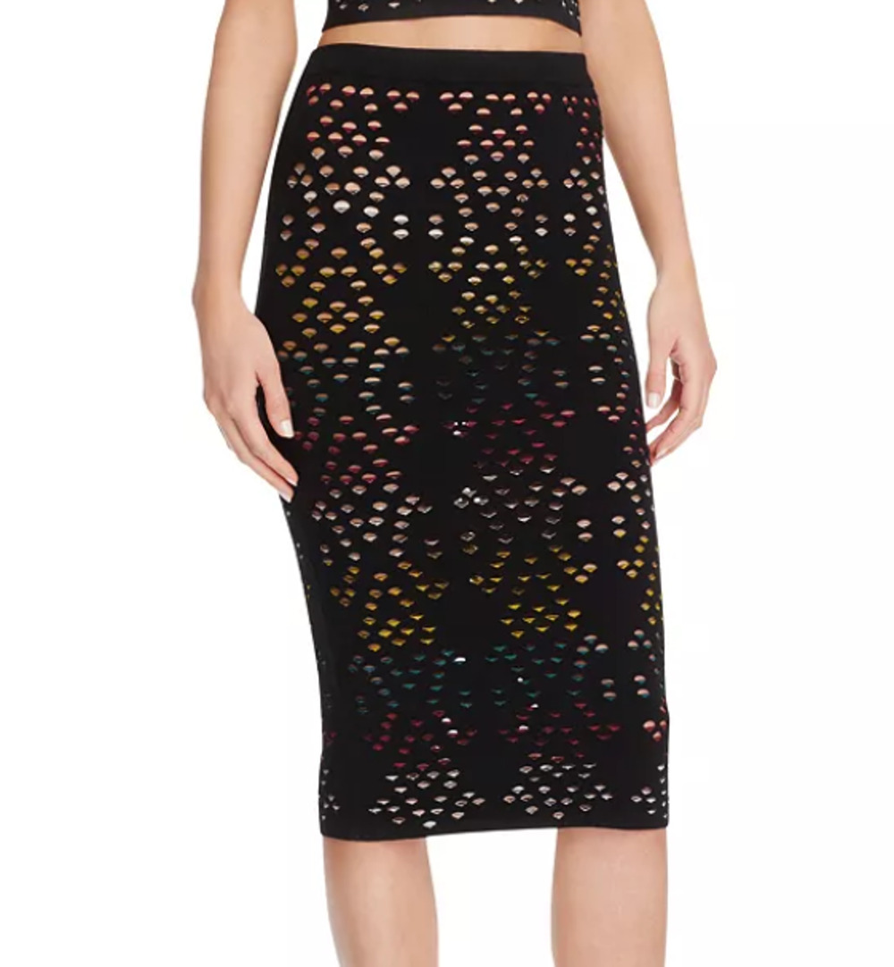 Alice + Olivia Sz L Ani Multicolor Pointelle Laser Cut Midi Skirt Pencil